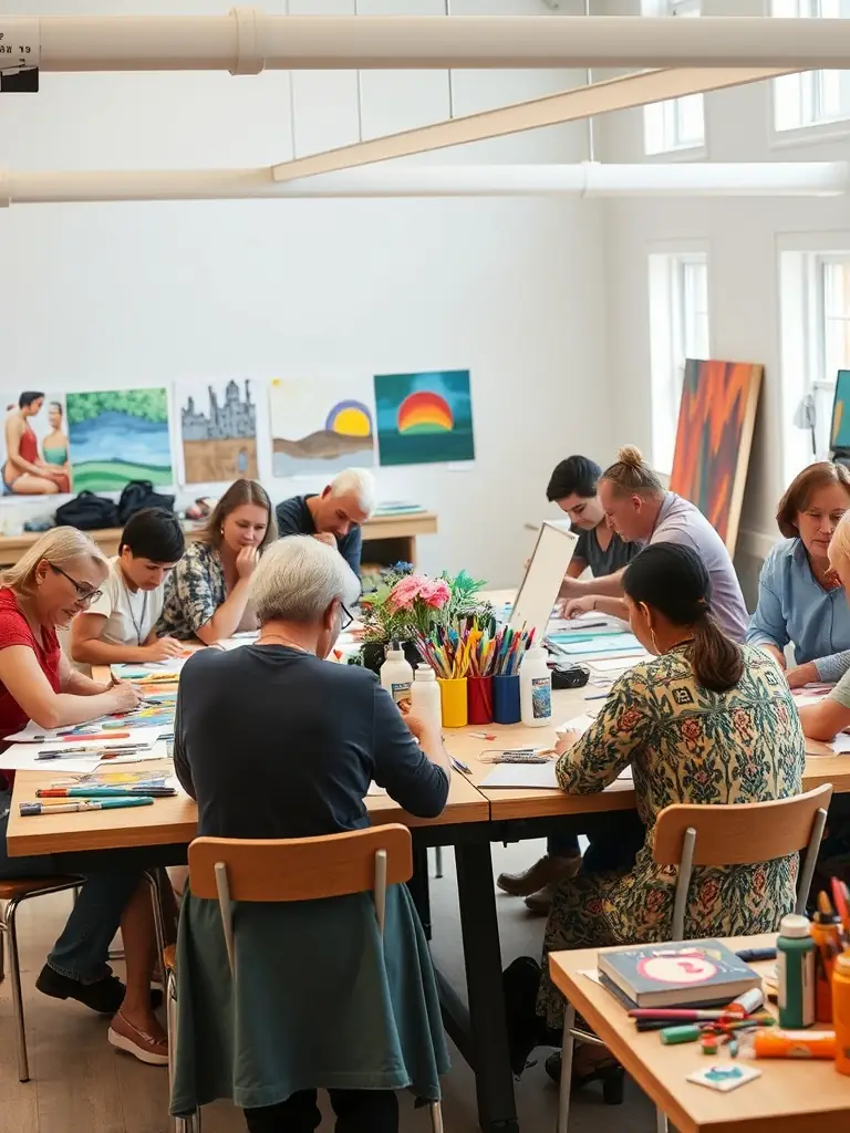 A dynamic image of a hands-on art workshop, with participants creating artwork under the guidance of an instructor, in a brightly lit studio.