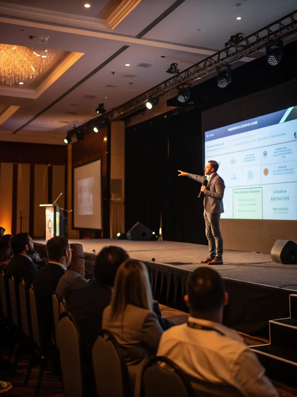 A professional photo of a conference session, featuring a speaker presenting to an attentive audience, in a modern conference hall.