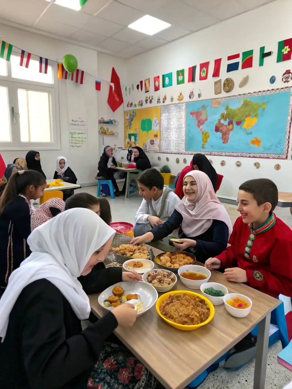 A vibrant photo of participants engaged in a cultural exchange program, showcasing diverse individuals interacting and learning from each other, set in a community center.