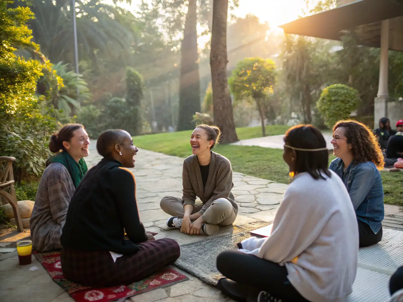 A heartwarming photograph of participants from different backgrounds interacting during a cultural exchange program organized by ASSOCIATION MULTICULTURELLE CRITEUILLOISE, emphasizing cross-cultural understanding and friendship.