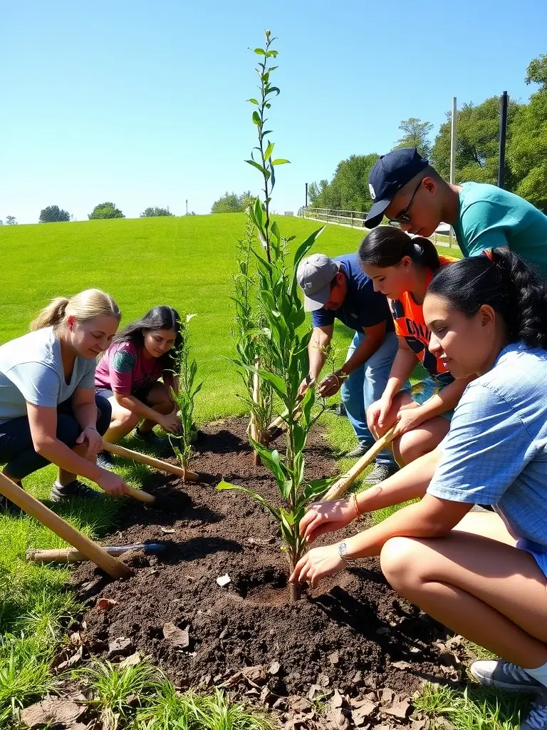 A group of people participating in a community project, planting trees in a local park, symbolizing environmental stewardship and community involvement.