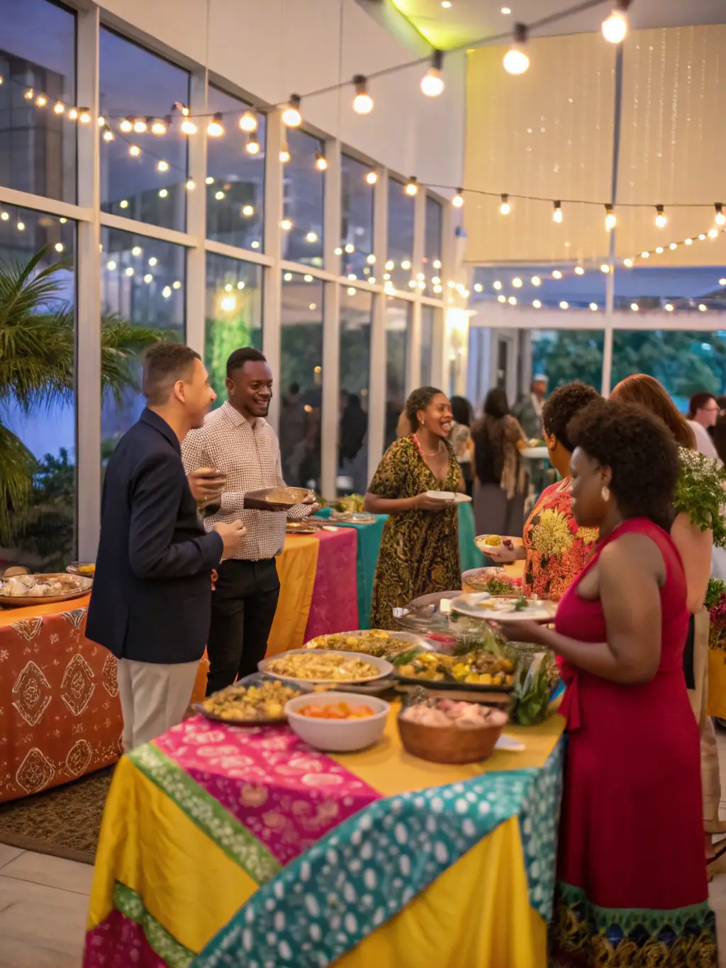 A captivating photo of a cultural exchange event, showing people from diverse backgrounds interacting, sharing stories, and enjoying traditional food at ASSOCIATION MULTICULTURELLE CRITEUILLOISE.