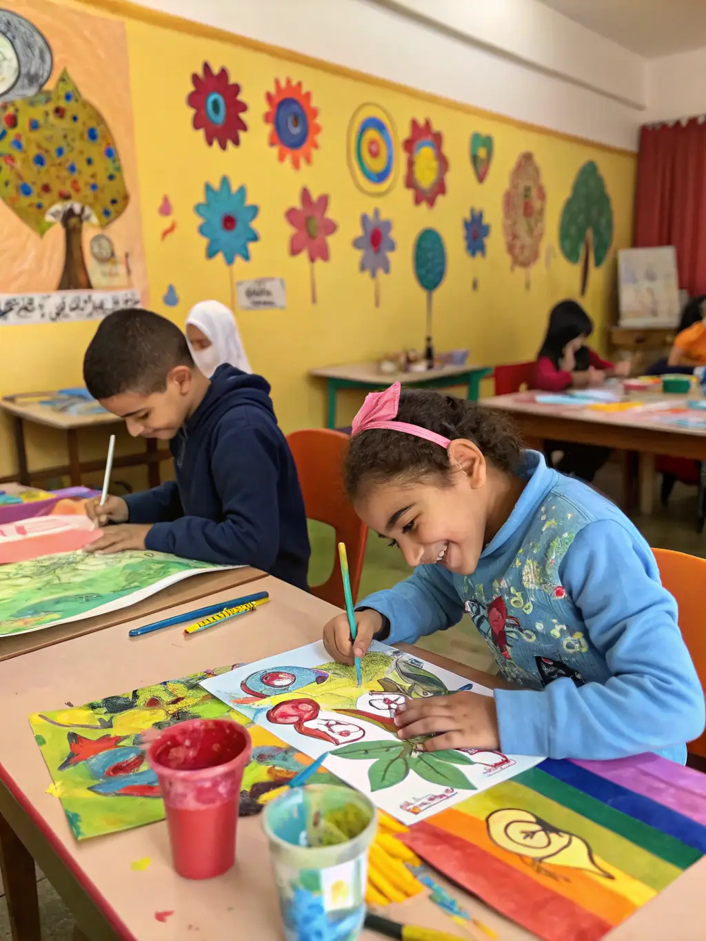 A vibrant photo of a children's art workshop in progress, showcasing kids creating colorful paintings with guidance from an instructor, set in a brightly lit room at ASSOCIATION MULTICULTURELLE CRITEUILLOISE.