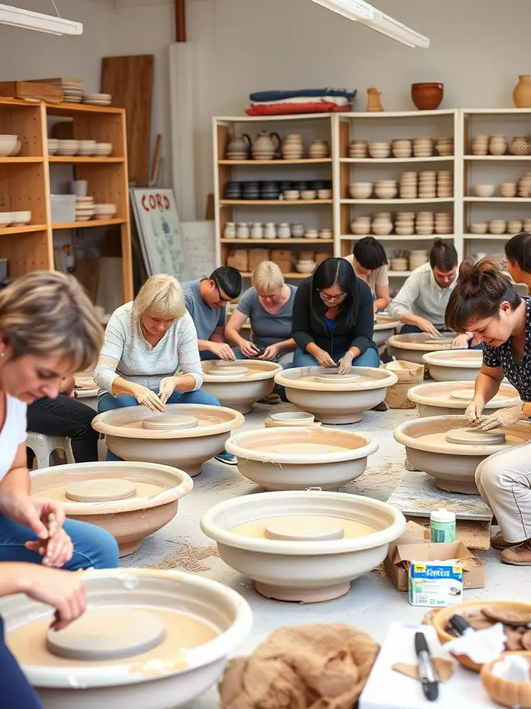 A vibrant image of participants engaged in a pottery workshop, showcasing hands-on learning and creative expression at ASSOCIATION MULTICULTURELLE CRITEUILLOISE.